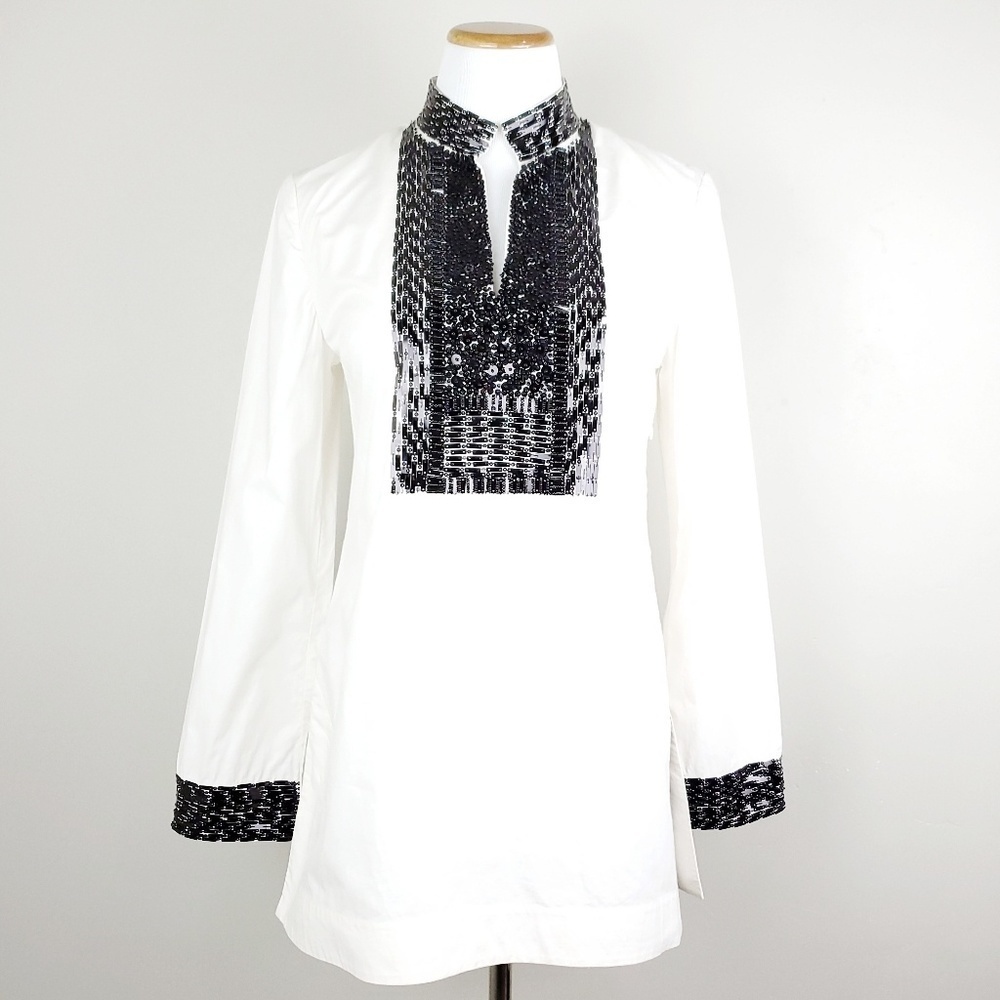 Tory Burch Womens Size 4 Ivory Embellished Long Sleeve Tunic